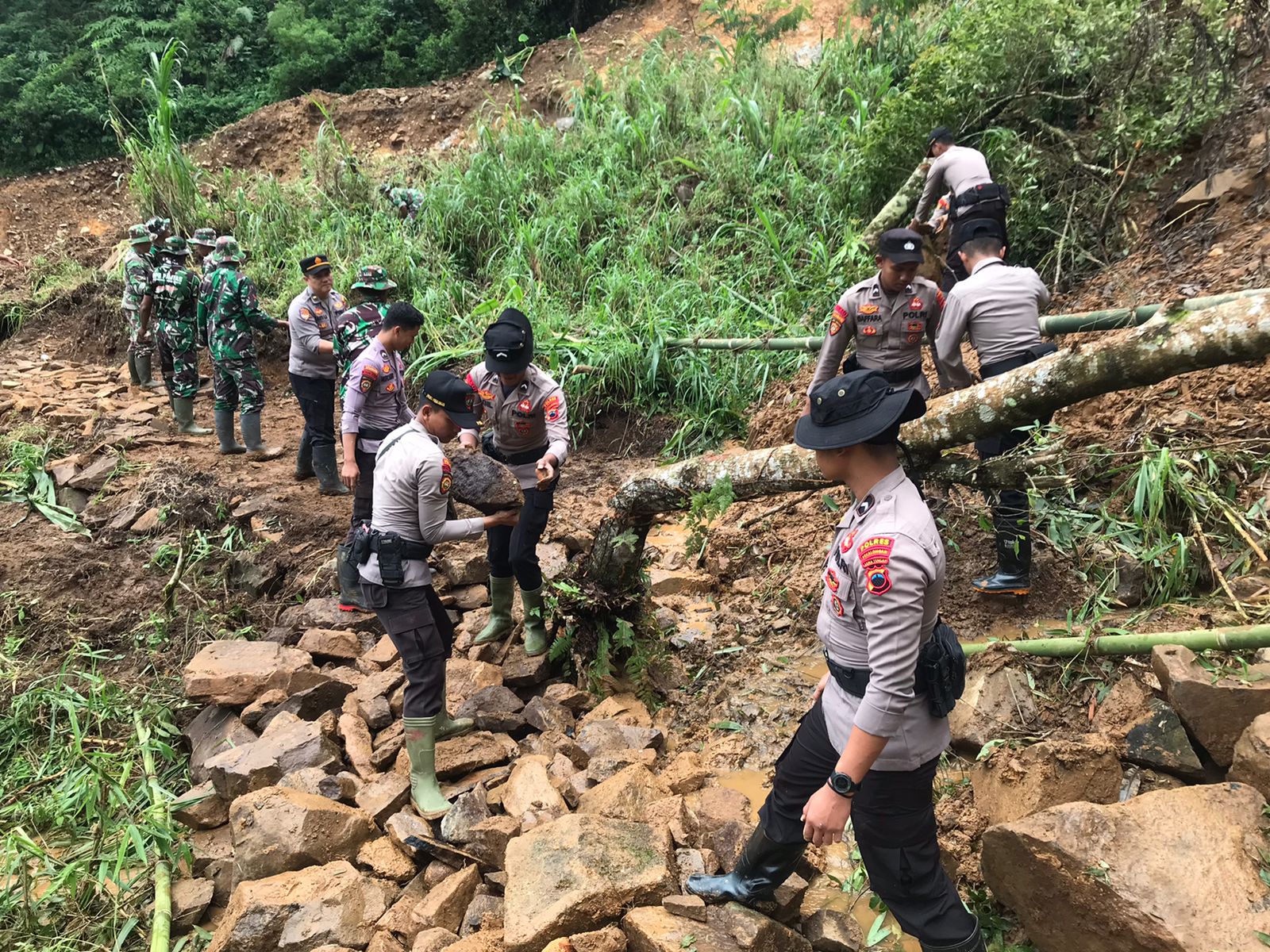 Sinergitas TNI-Polri, Tanggap Penanganan Pasca Bencana Tanah Longsor di Wilayah Petungkriyono