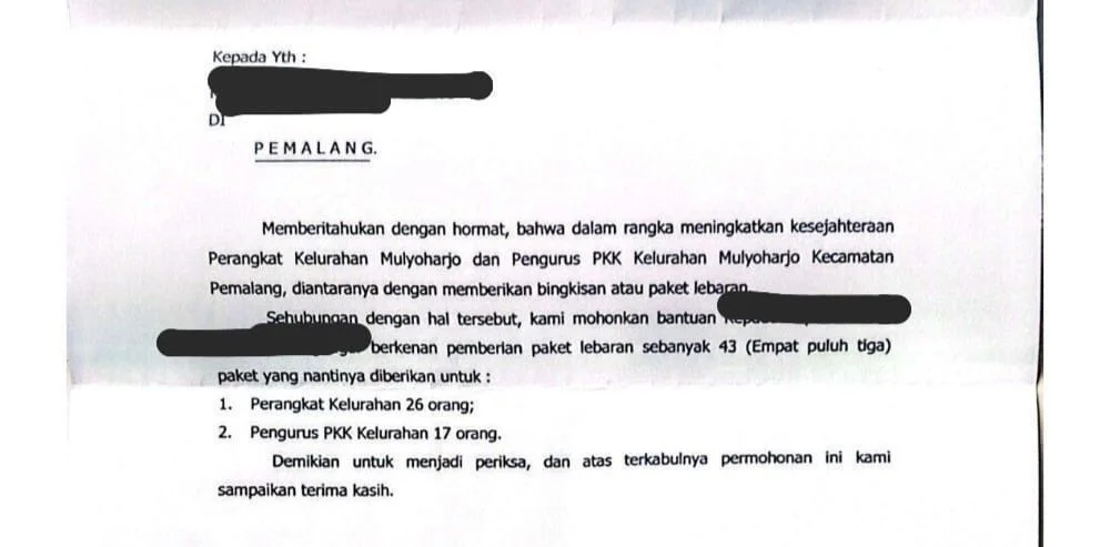 Surat Bantuan Paket Lebaran Kelurahan Mulyoharjo Pemalang Ditarik Usai Viral