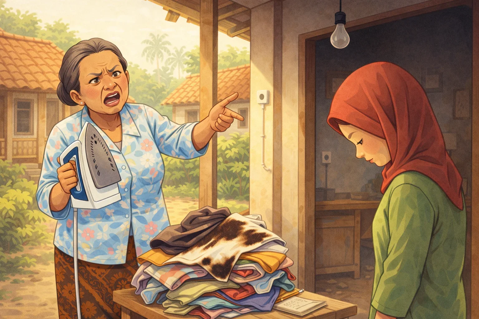 Ilutrasi Bi Sijah memarahi Yu Nining karena setrika ditinggal saat listrik mati, membuat beberapa pakaian di teras rumah ikut gosong.