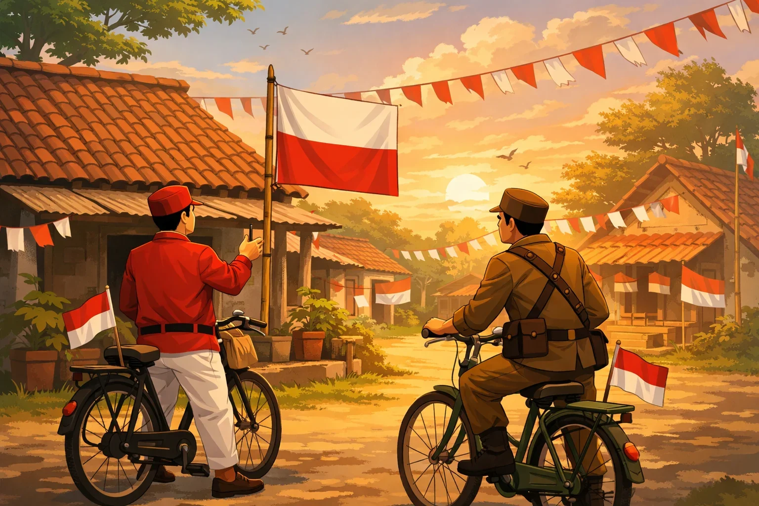 Ilustrasi Dua warga bersepeda keliling kampung saat perayaan kemerdekaan dan menemukan bendera Merah Putih terpasang terbalik di depan rumah warga.