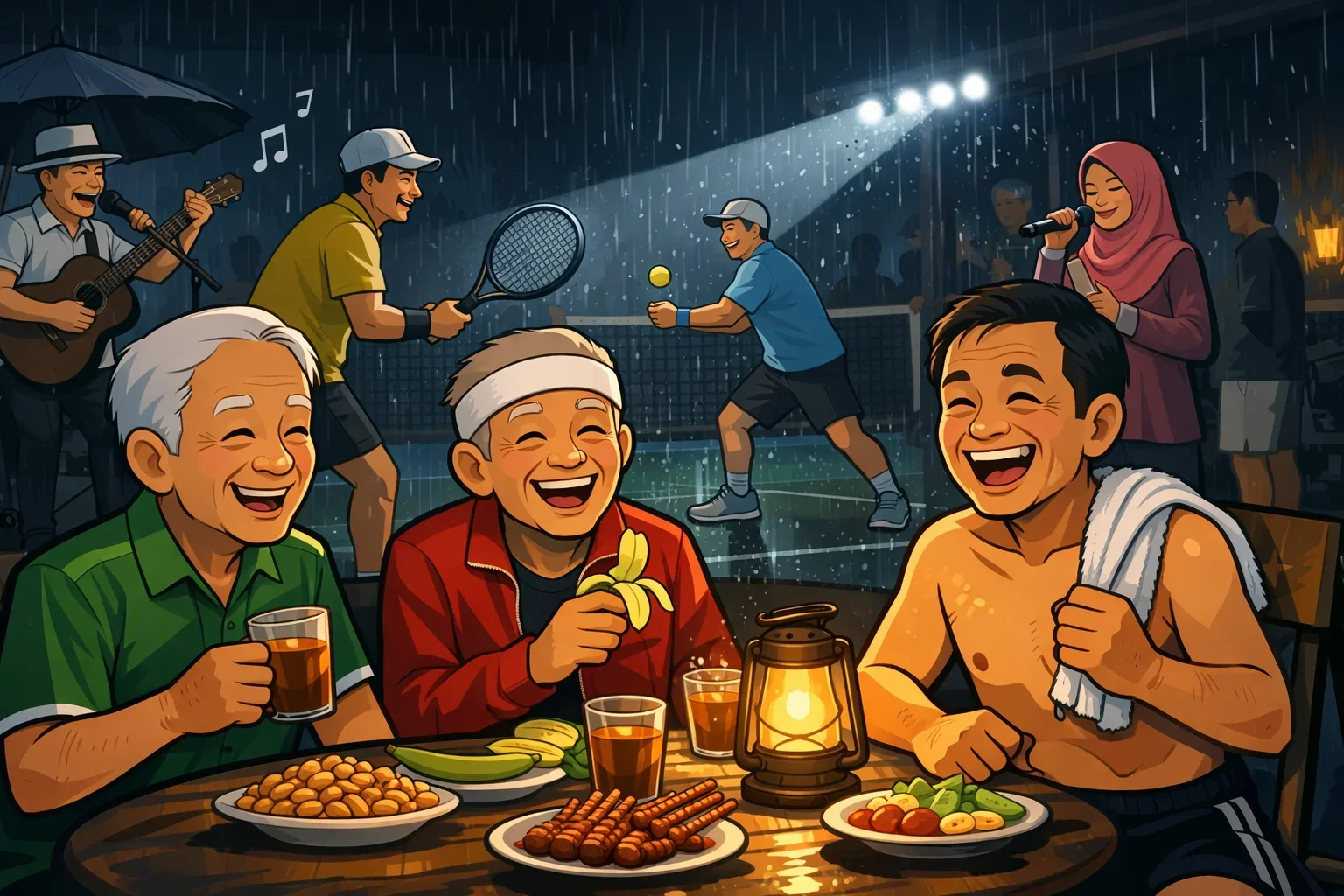 Ilustrasi Pak Maufur dan sesepuh tenis Tegal tetap semangat meski hujan deras dan listrik padam.