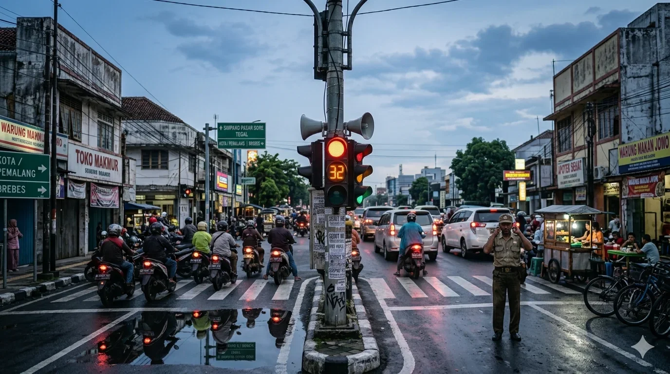Ilustrasi Arus kendaraan di persimpangan jalan Jawa Tengah terpantau padat merayap pada Senin sore. Pengendara tertahan lampu merah di tengah hiruk pikuk aktivitas warga dan pedagang kaki lima menjelang malam.