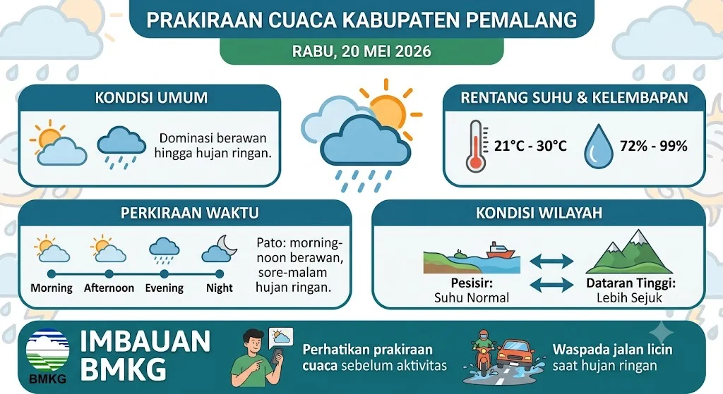 Prakiraan Cuaca Pemalang Rabu 20 Mei 2026, Siang Berawan Sore Berpotensi Hujan