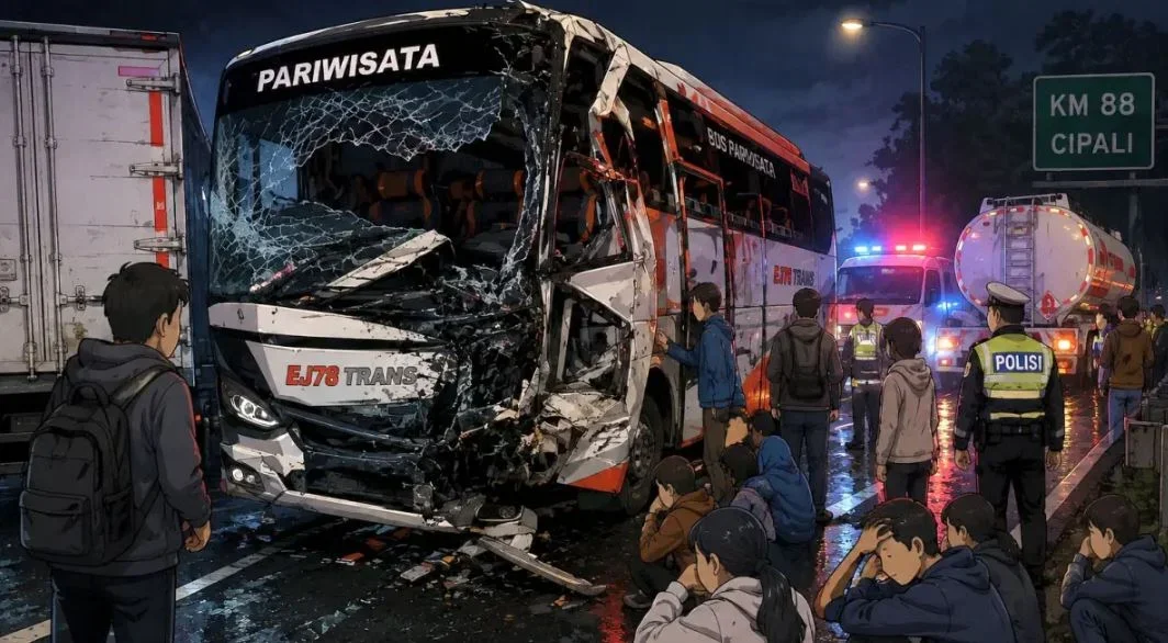 Bus Outing Class SMPN 2 Brangsong Kendal Kecelakaan di Tol Cipali, Kernet Tewas dan Tujuh Luka