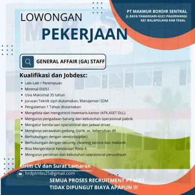 PT Makmur Bordir Sentral Tegal Buka Loker General Affair Staff