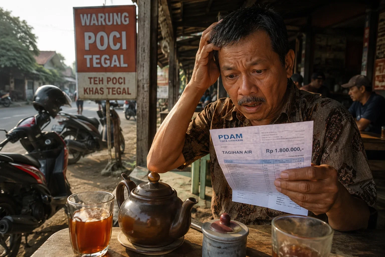 Ilustrasi seorang warga di Tegal tertegun melihat lonjakan drastis pada tagihan air PDAM miliknya saat sedang bersantai di warung poci.