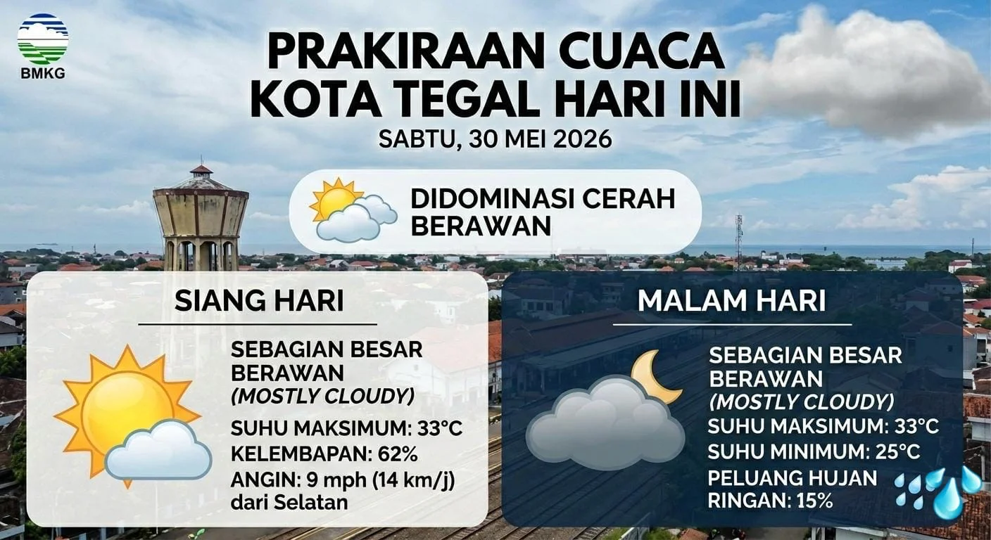 Prakiraan Cuaca Kota Tegal Hari Ini, Sabtu 30 Mei 2026 Dominan Berawan Sepanjang Hari