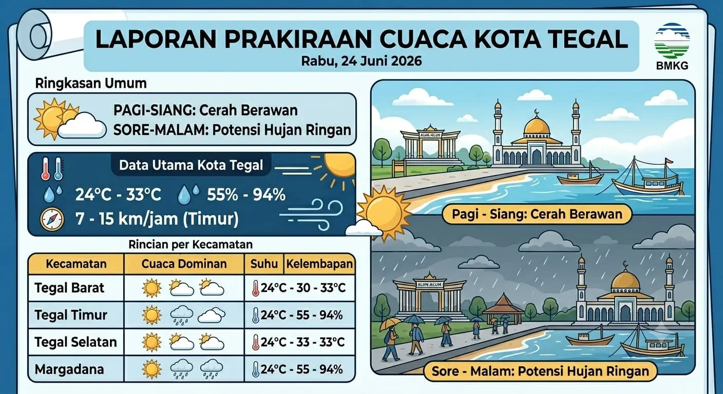 Prakiraan Cuaca Kota Tegal Hari Ini Cerah Berawan dengan Potensi Hujan Ringan di Sore Hari