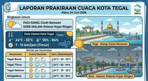 Prakiraan Cuaca Kota Tegal Hari Ini Cerah Berawan dengan Potensi Hujan Ringan di Sore Hari