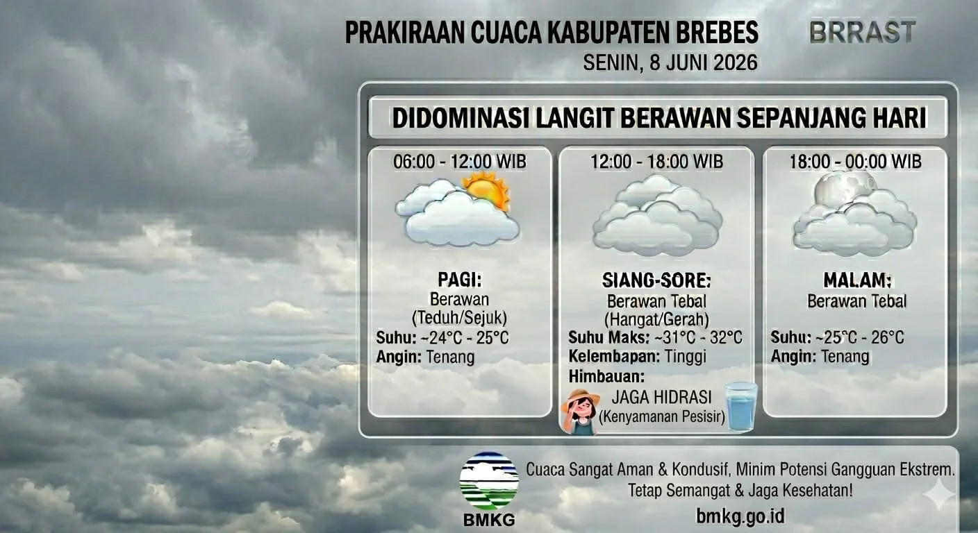 Prakiraan Cuaca Brebes 8 Juni 2026 Didominasi Berawan, Aktivitas Warga Tetap Aman