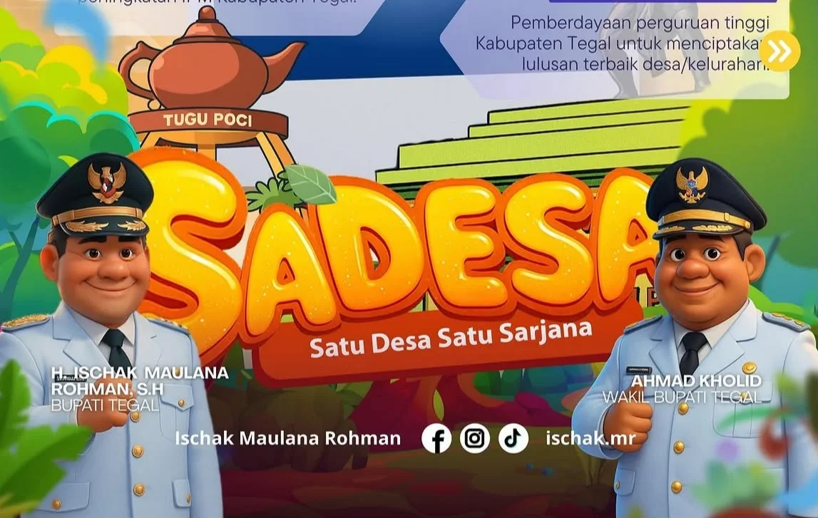 Bupati Tegal Ischak Maulana Rohman mengajak para pemuda desa mendaftar program kuliah gratis Satu Desa Satu Sarjana (Sadesa) yang dibuka tahun ajaran 2026/2027.