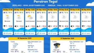 Prakiraan Cuaca Tegal 8-10 September 2025, BMKG Ingatkan Waspada Hujan dan Petir